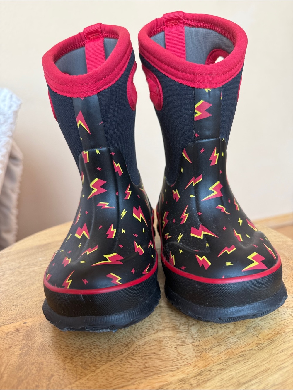 Bogs Kids Black Rain Boots with Red and Yellow Lightning